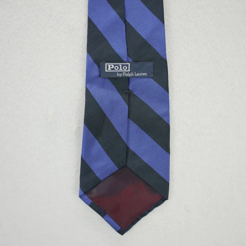 Polo Ralph Lauren Mens Silk Tie Blue Navy Striped Pony Logo Made in USA Handmade
